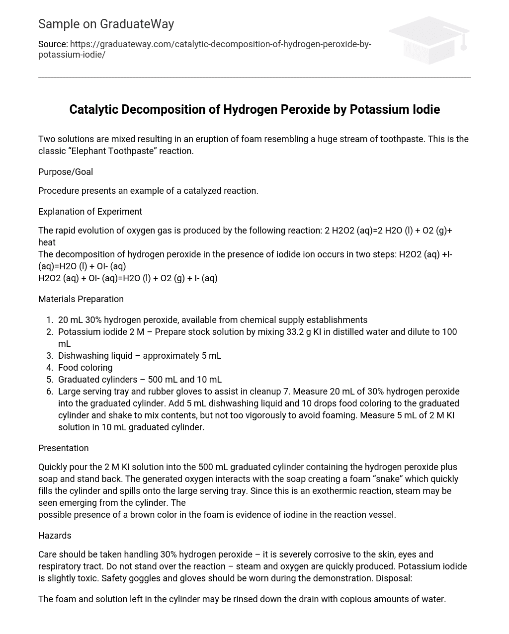 Catalytic Decomposition of Hydrogen Peroxide by Potassium Iodie