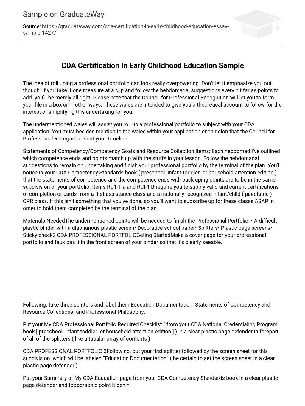 CDA Certification In Early Childhood Education Sample Essay Example CDA Certification In Early Childhood Education Sample Essay Example