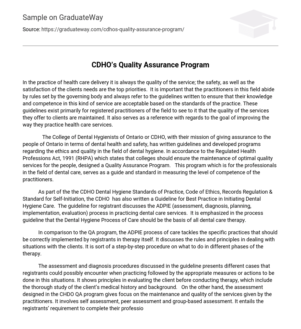 CDHO’s Quality Assurance Program