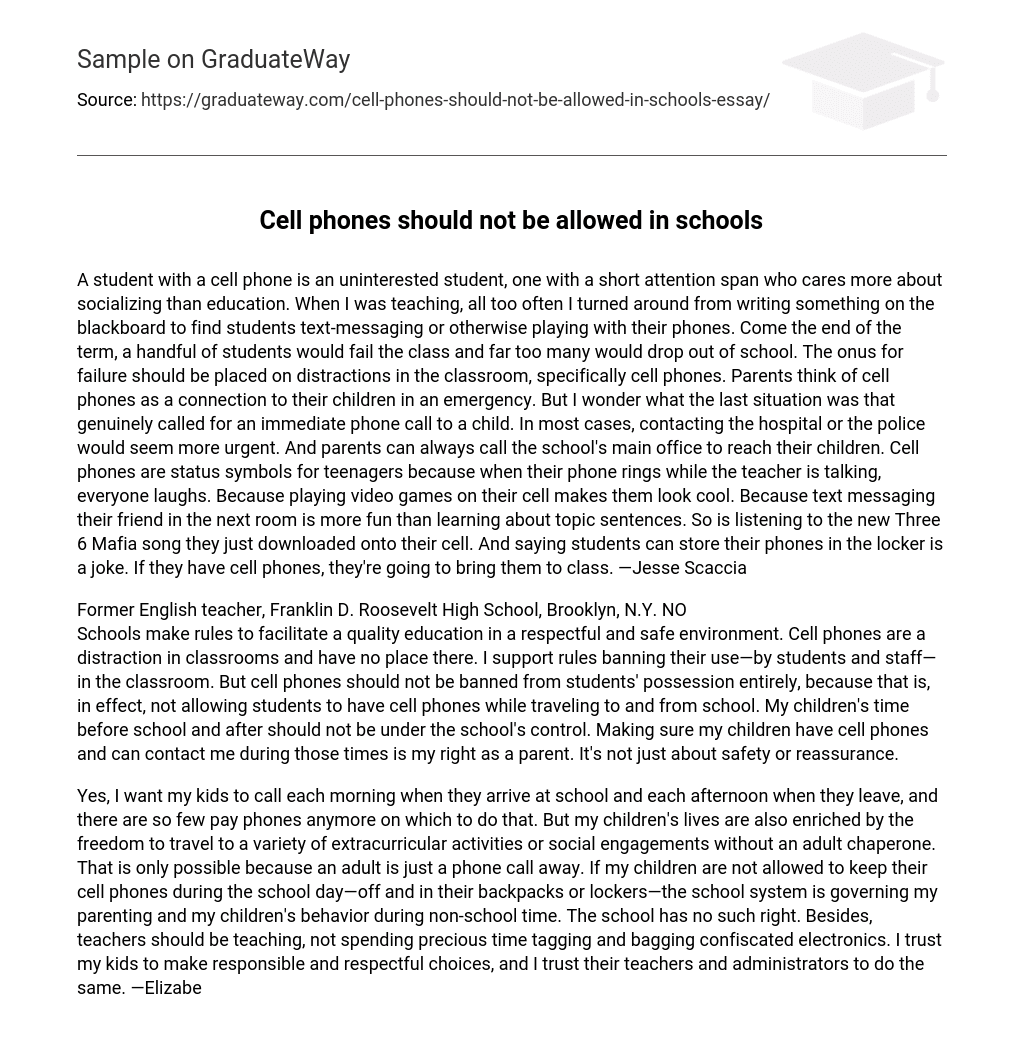 ban cell phones in school essay