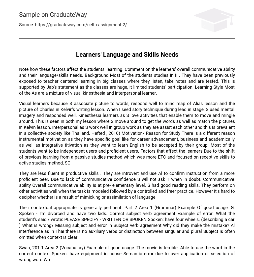 Learners’ Language and Skills Needs