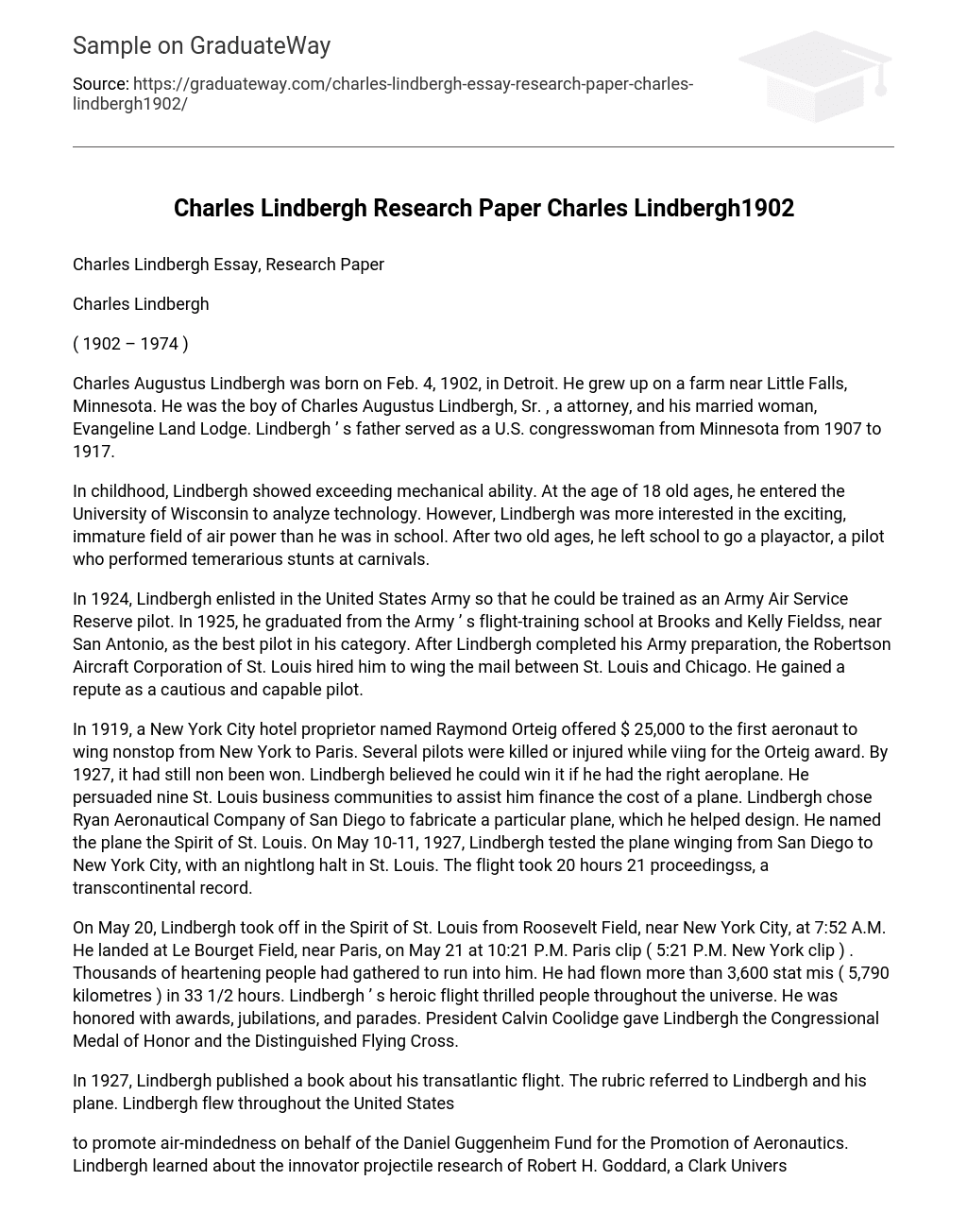 Charles Lindbergh Research Paper Charles Lindbergh1902