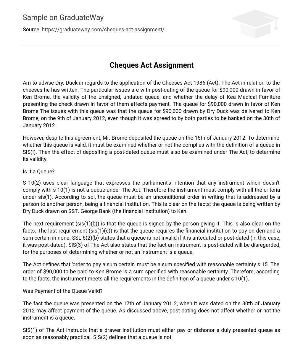 Cheques Act Assignment Cheeses Act 1986
