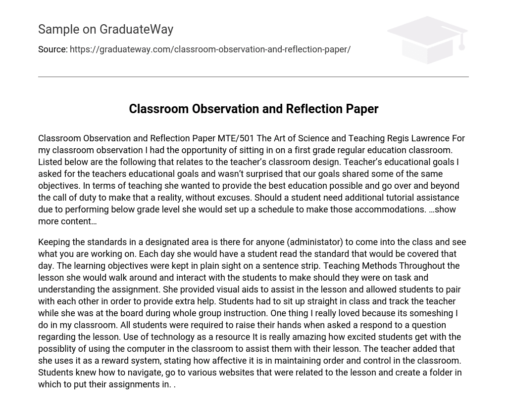 Classroom Observation and Reflection Paper