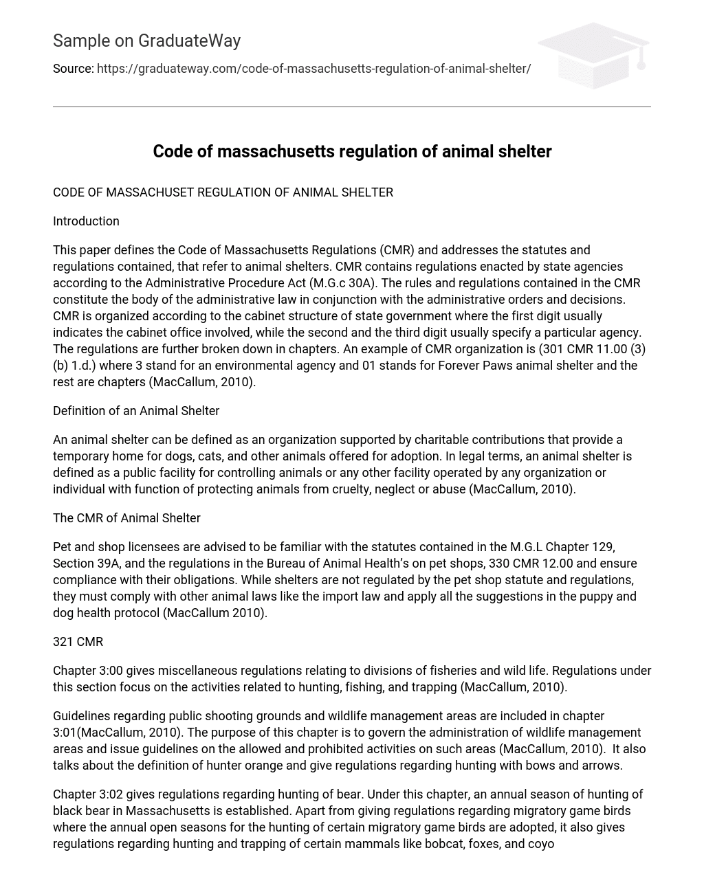 Code of massachusetts regulation of animal shelter