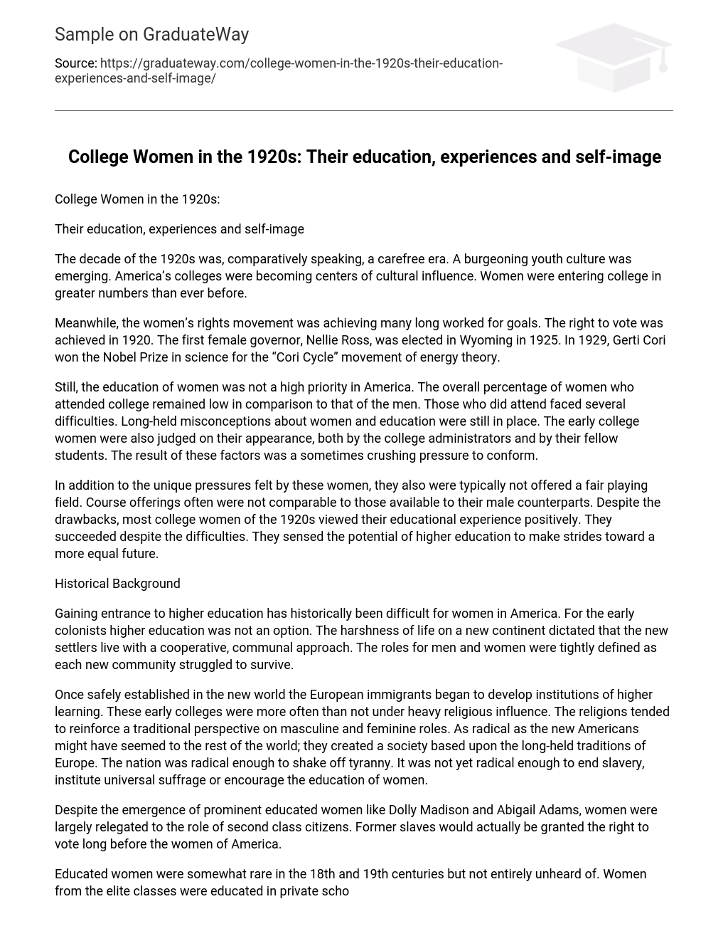 College Women in the 1920s: Their Education, Experiences and Self-Image