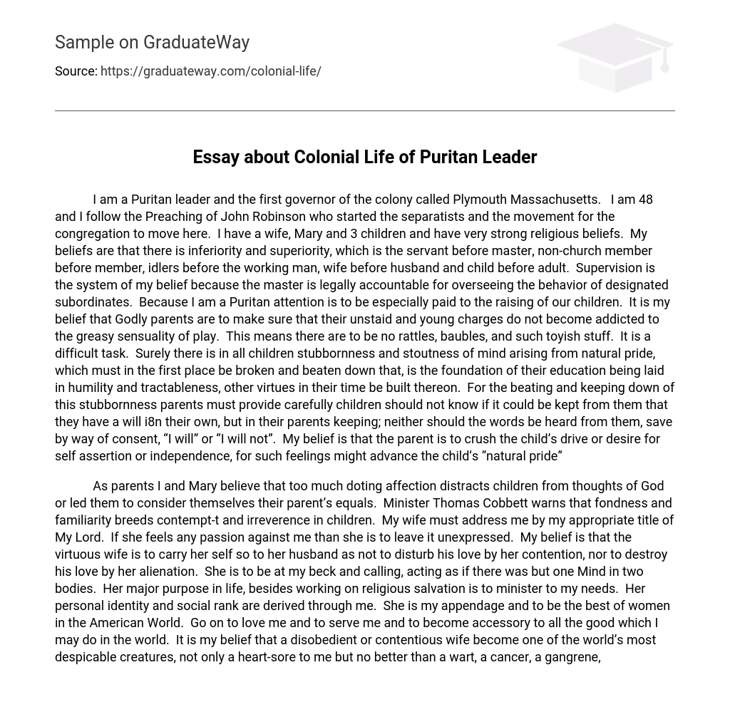 Essay about Colonial Life of Puritan Leader