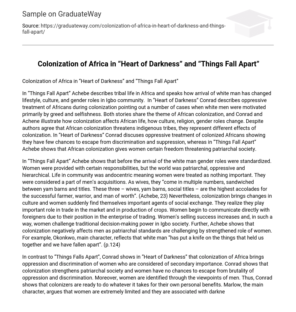 Colonization of Africa in “Heart of Darkness” and “Things Fall Apart”
