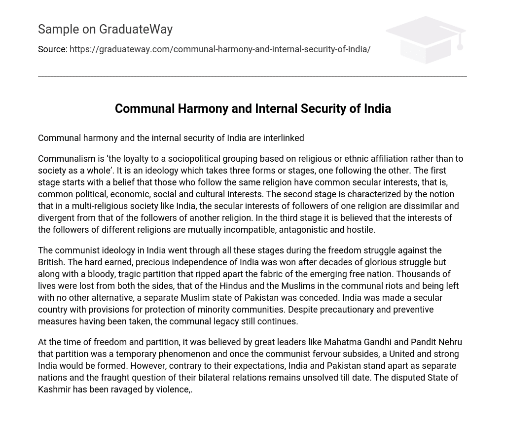 Communal Harmony and Internal Security of India