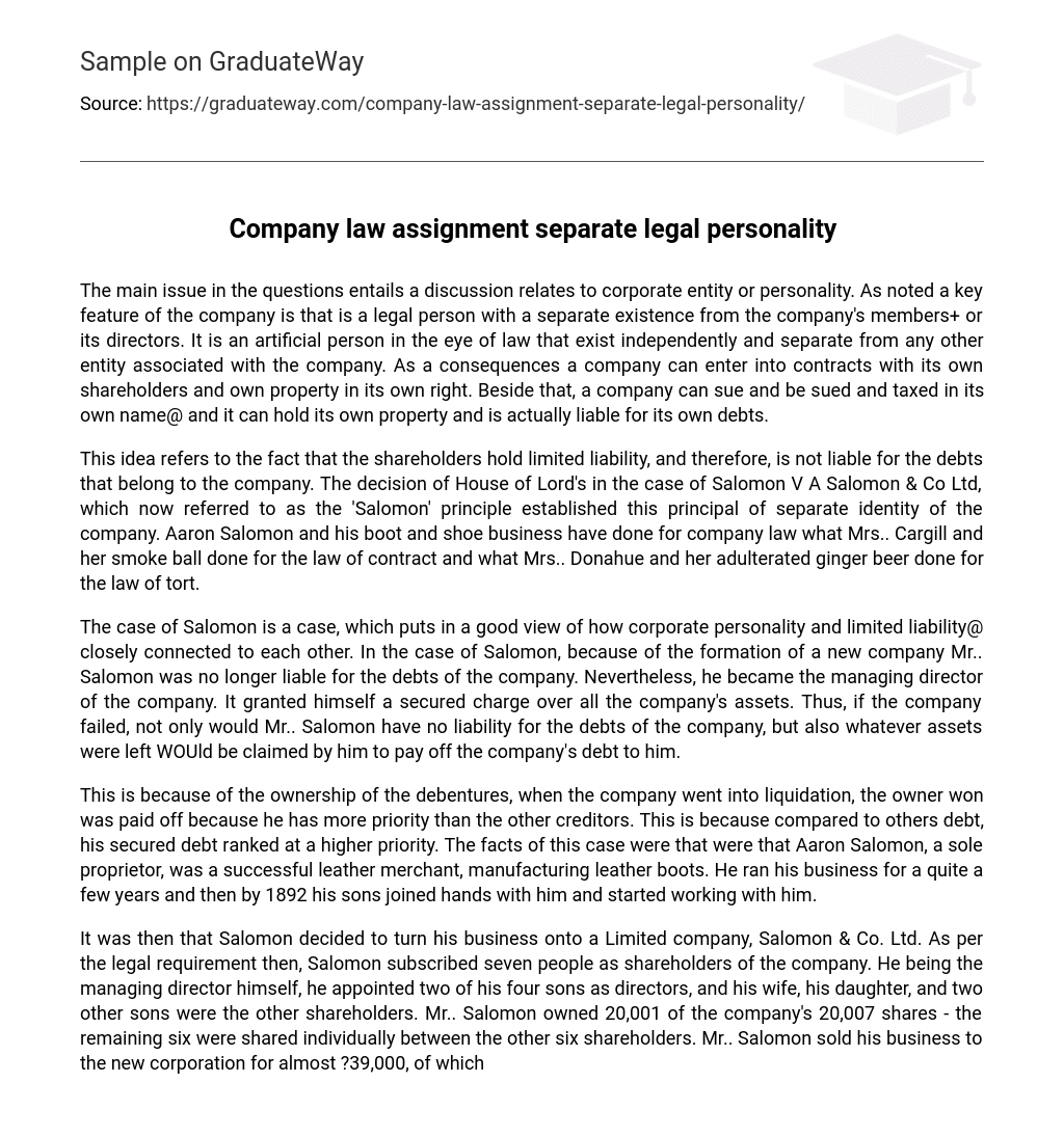 Company Law Assignment Separate Legal Personality