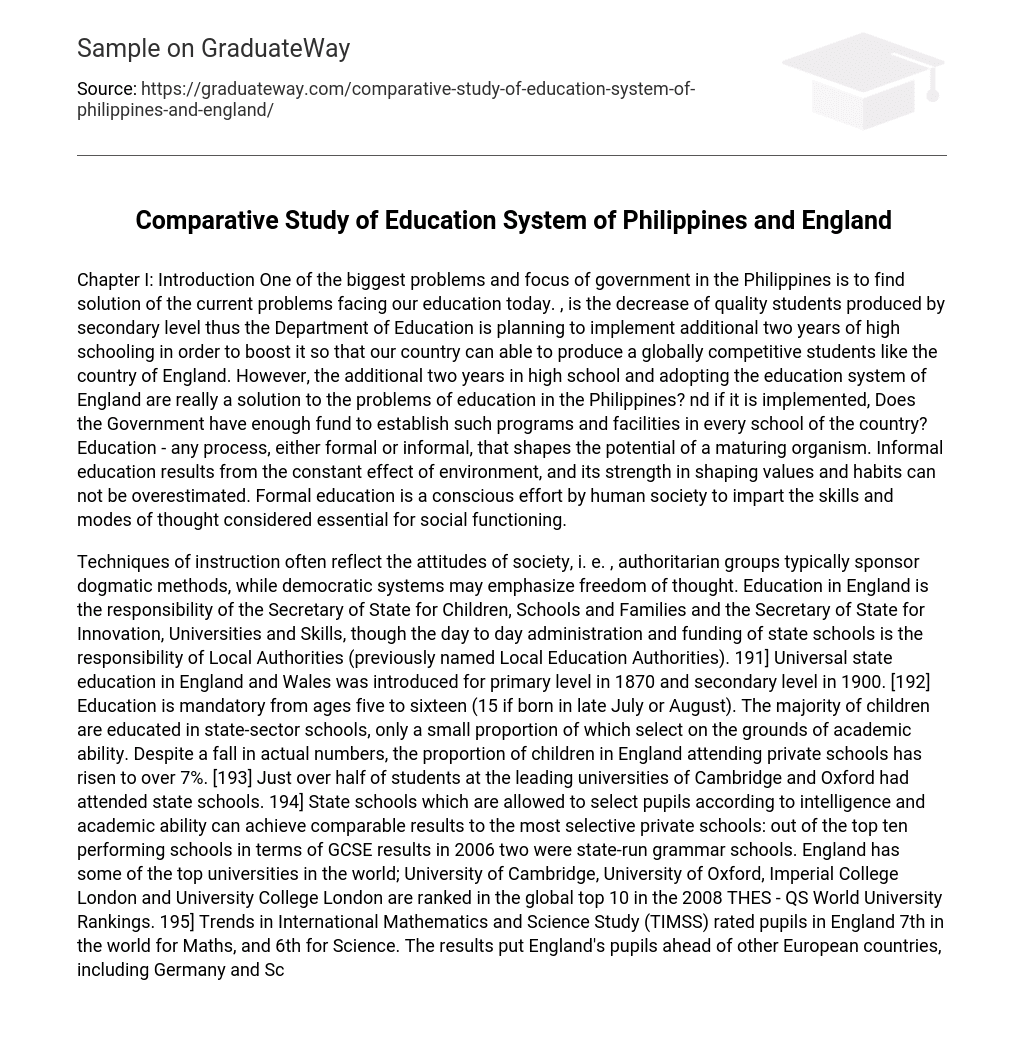 Comparative Study of Education System of Philippines and England