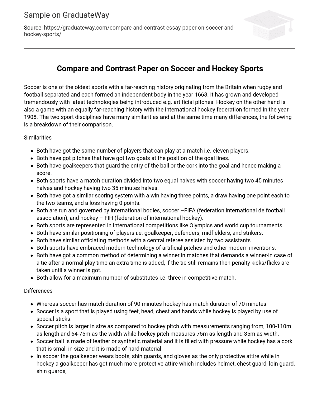 Compare and Contrast Paper on Soccer and Hockey Sports