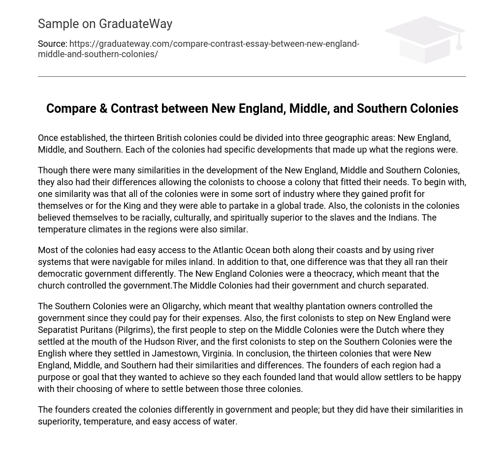 Compare & Contrast between New England, Middle, and Southern Colonies