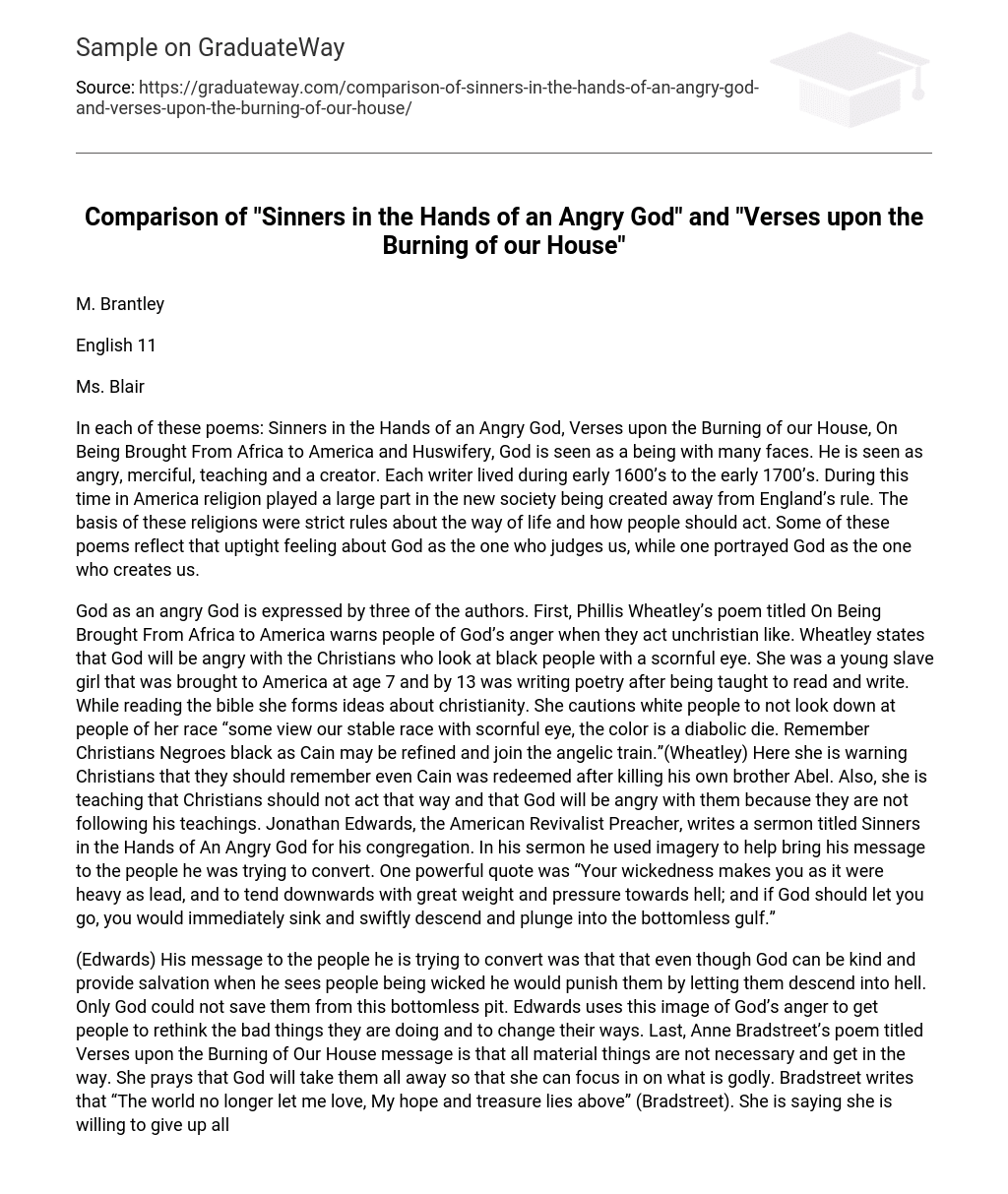 Comparison of “Sinners in the Hands of an Angry God” and “Verses upon the Burning of our House”