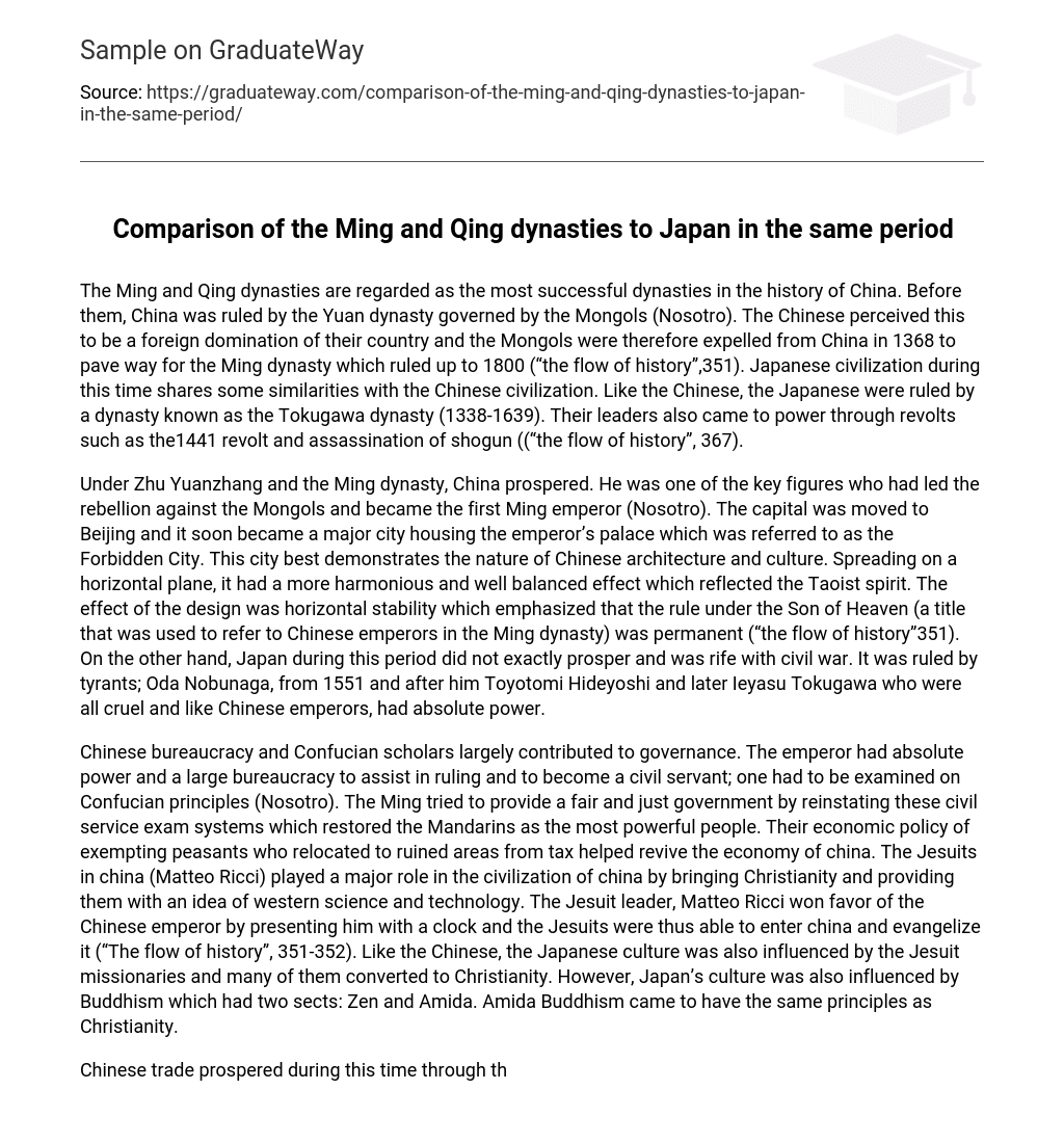 Comparison of the Ming and Qing dynasties to Japan in the same period