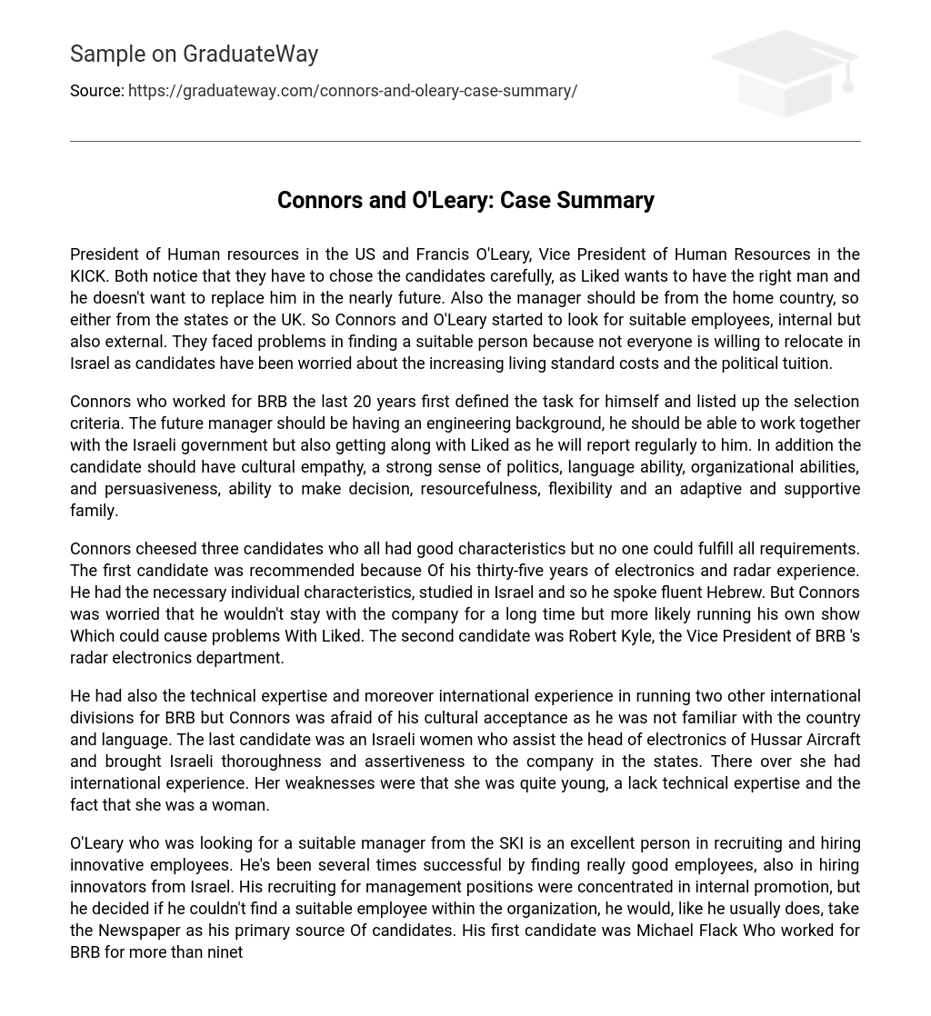 Connors and O’Leary: Case Summary