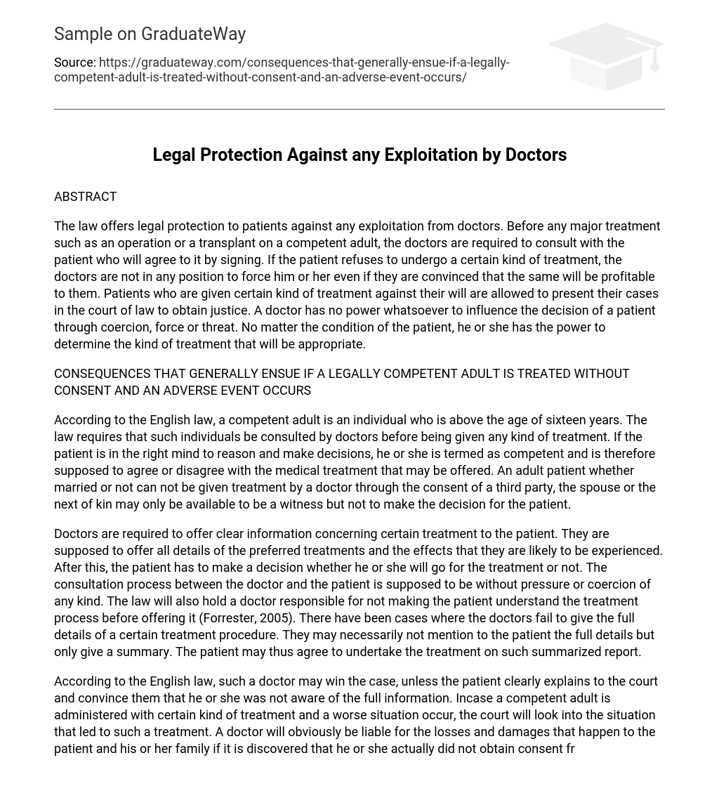 Legal Protection Against any Exploitation by Doctors