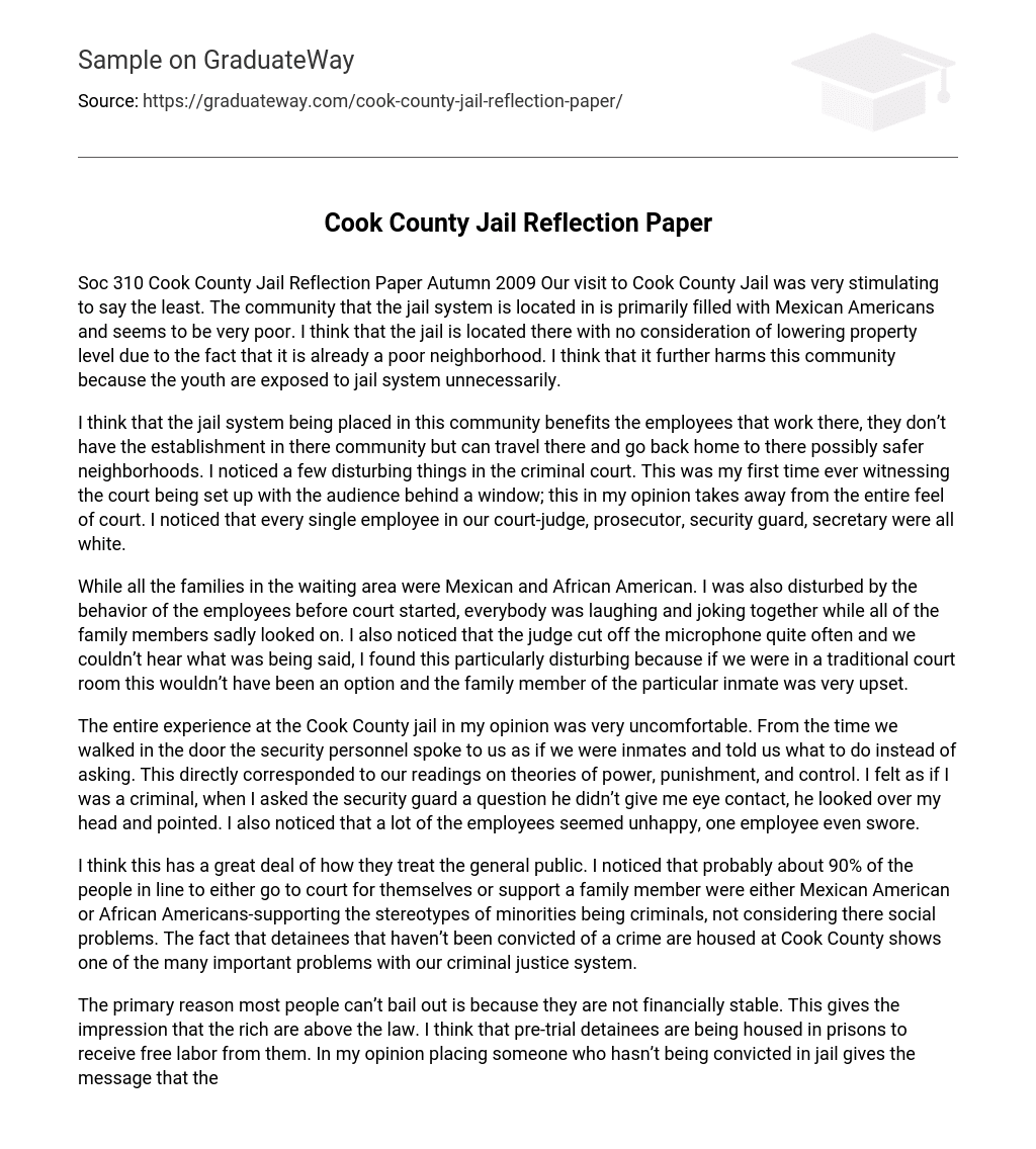 Cook County Jail: Reflection Paper