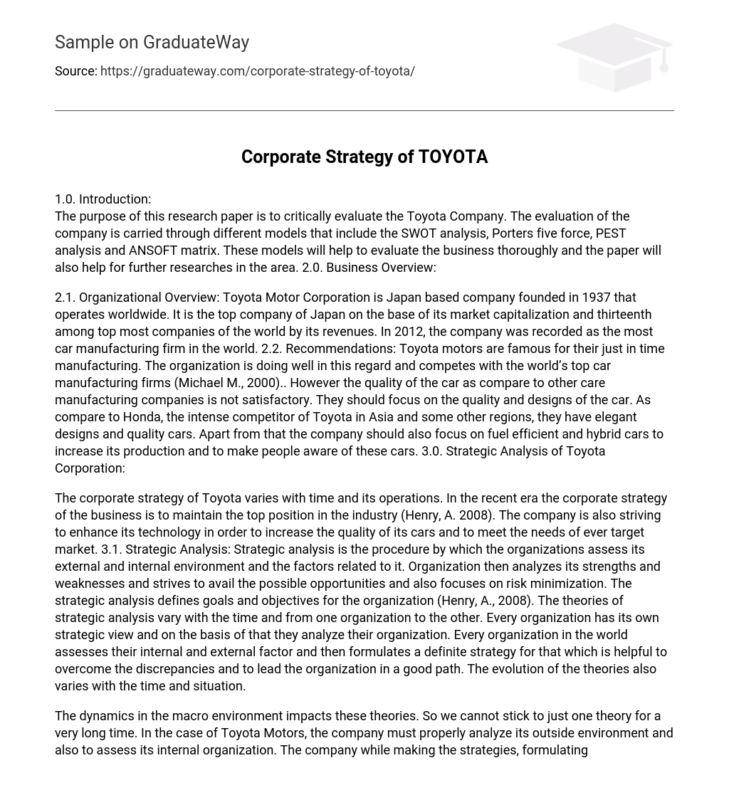 Corporate Strategy of TOYOTA Analysis