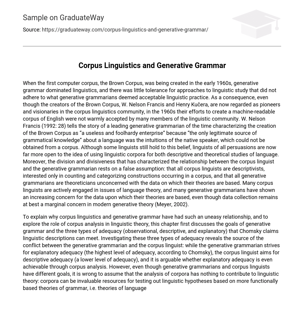 Corpus Linguistics and Generative Grammar