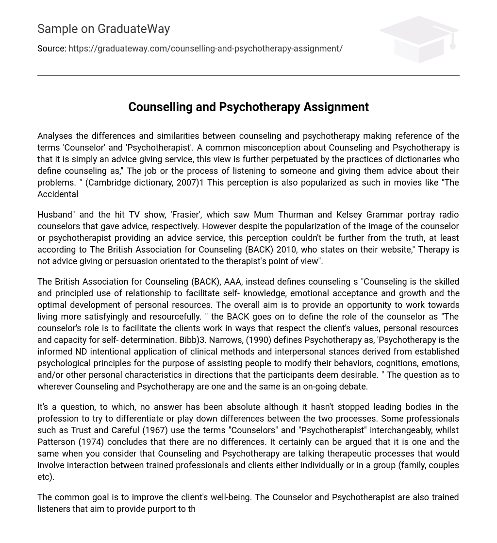 Counselling and Psychotherapy Assignment