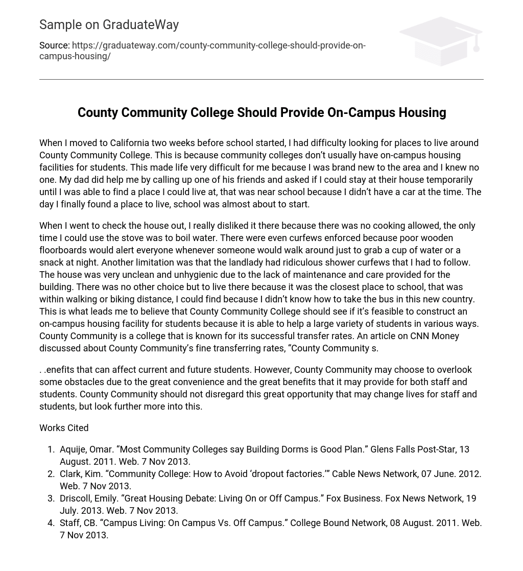 County Community College Should Provide On-Campus Housing