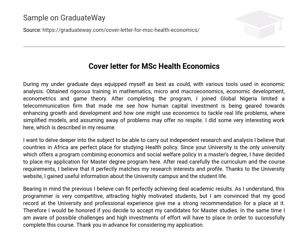 Cover letter for MSc Health Economics