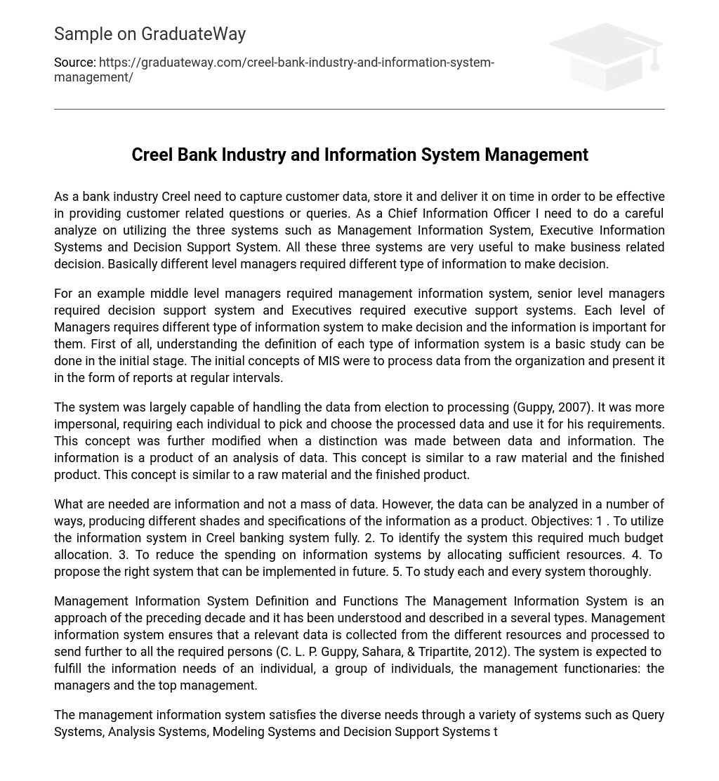 Creel Bank Industry and Information System Management