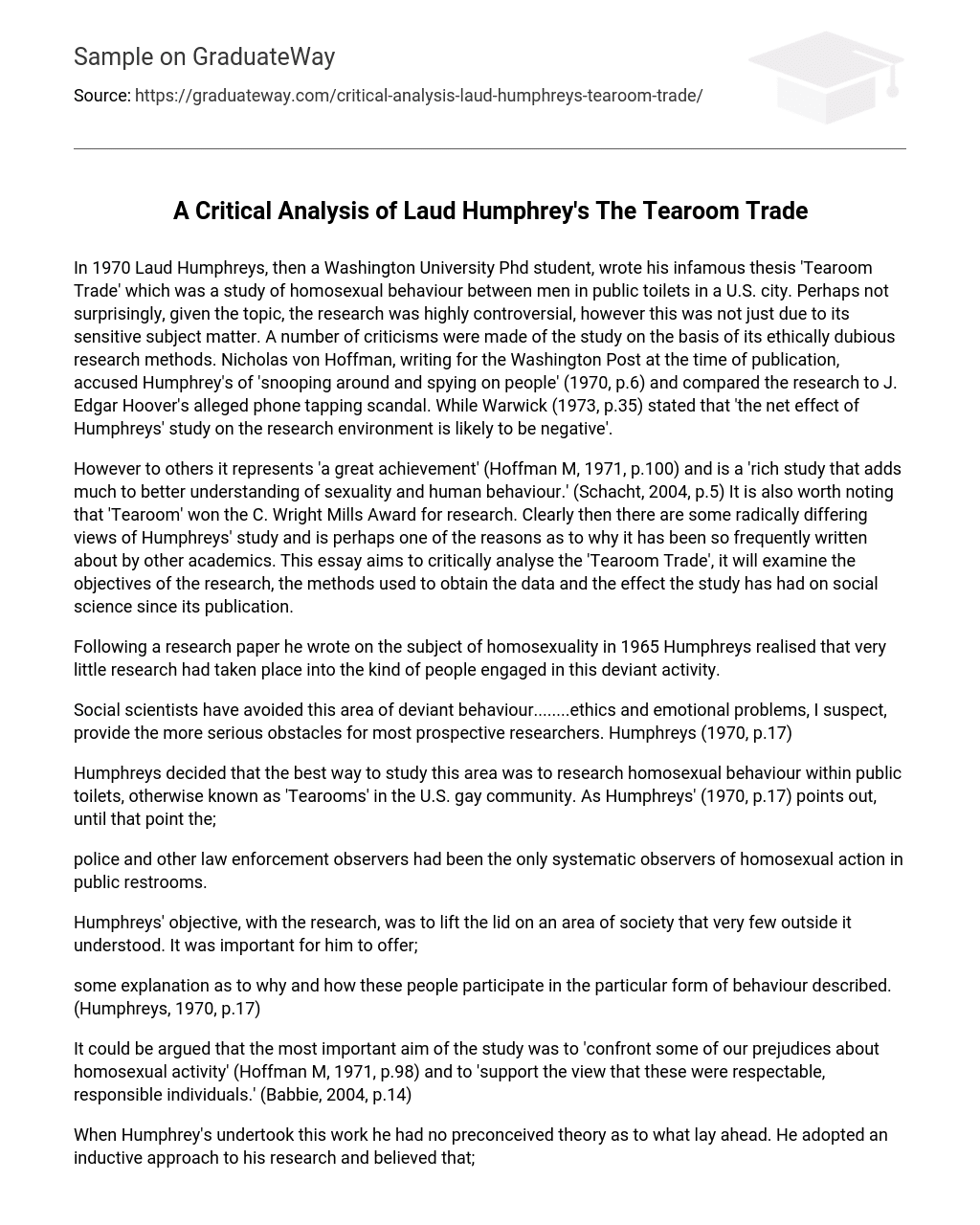 A Critical Analysis of Laud Humphrey’s The Tearoom Trade