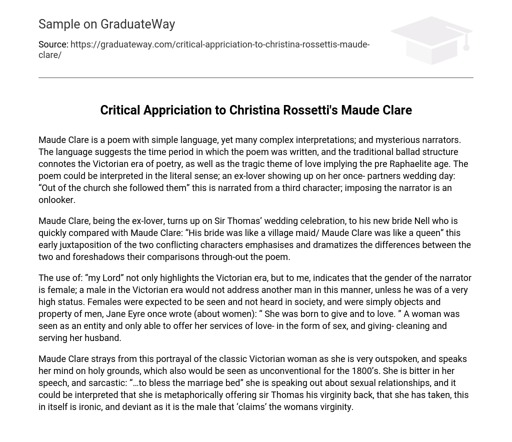 Critical Appriciation to Christina Rossetti’s Maude Clare