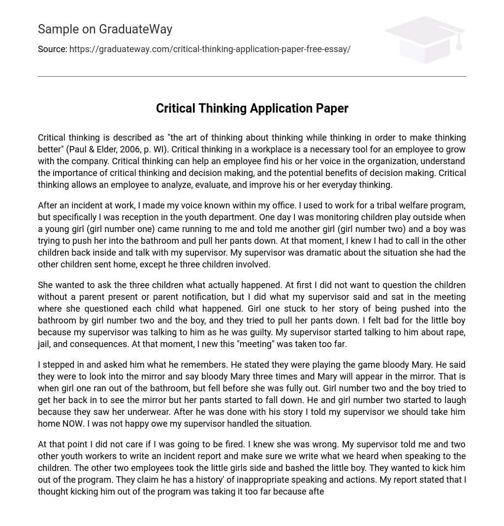 Critical Thinking Application Paper