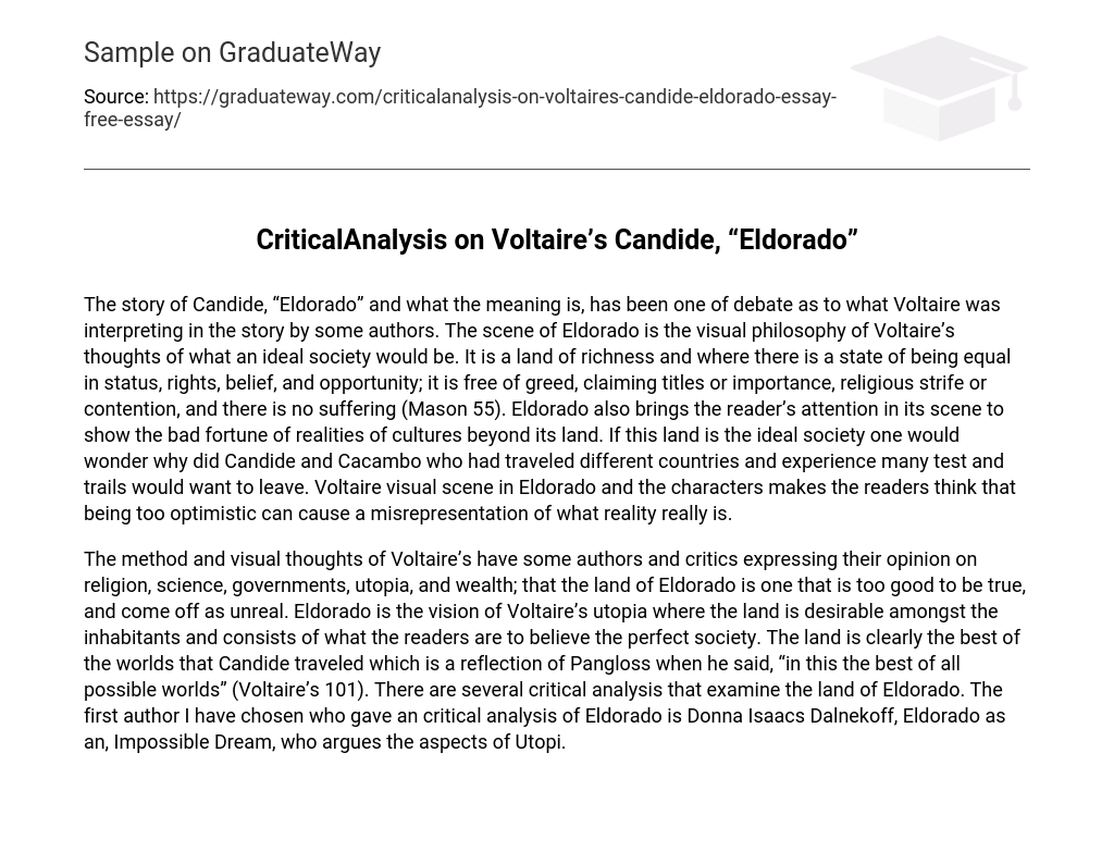 CriticalAnalysis on Voltaire’s Candide, “Eldorado”