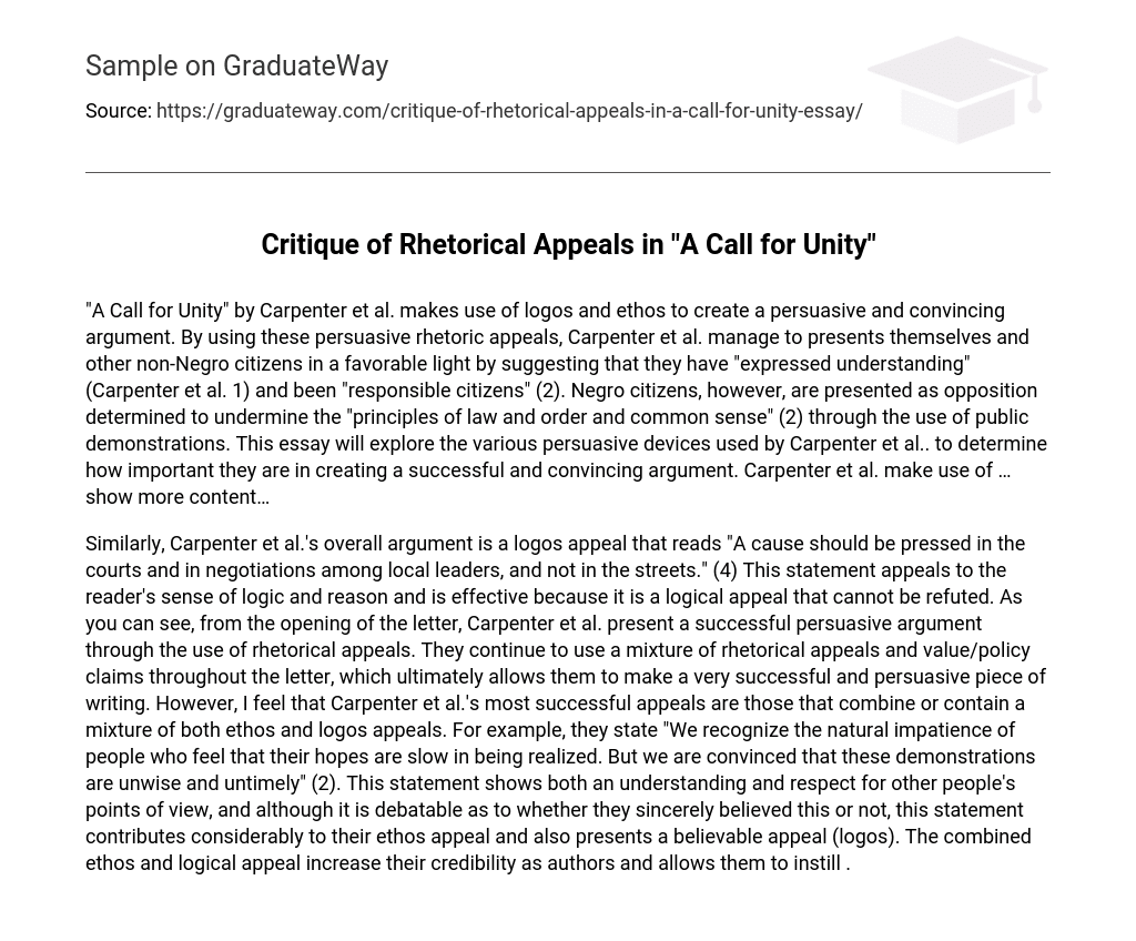 Critique of Rhetorical Appeals in “A Call for Unity” Analysis