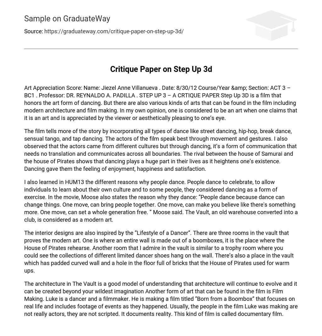 Critique Paper on Step Up 3d