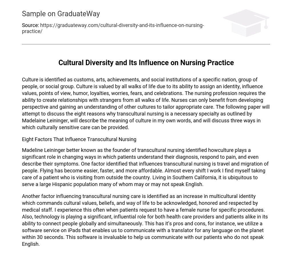 Cultural Diversity and Its Influence on Nursing Practice