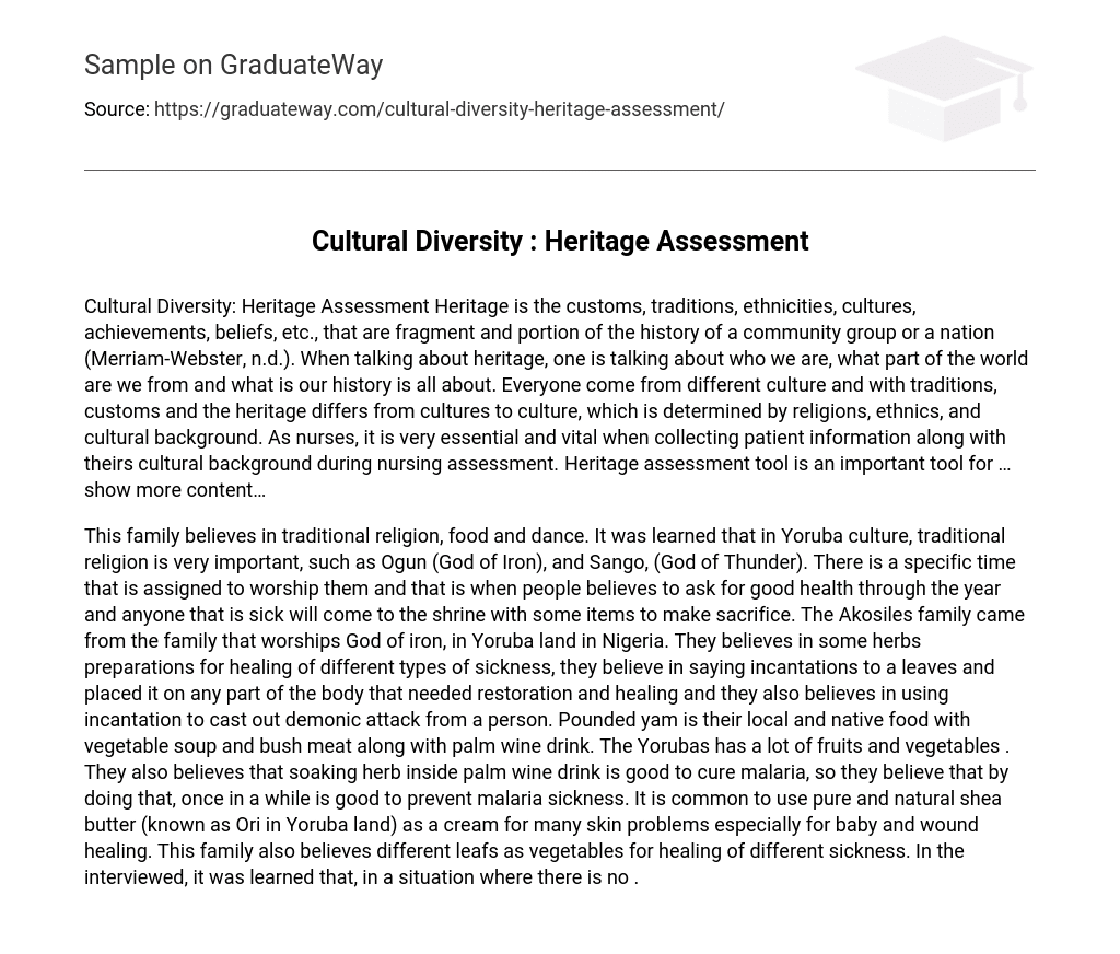 Cultural Diversity : Heritage Assessment