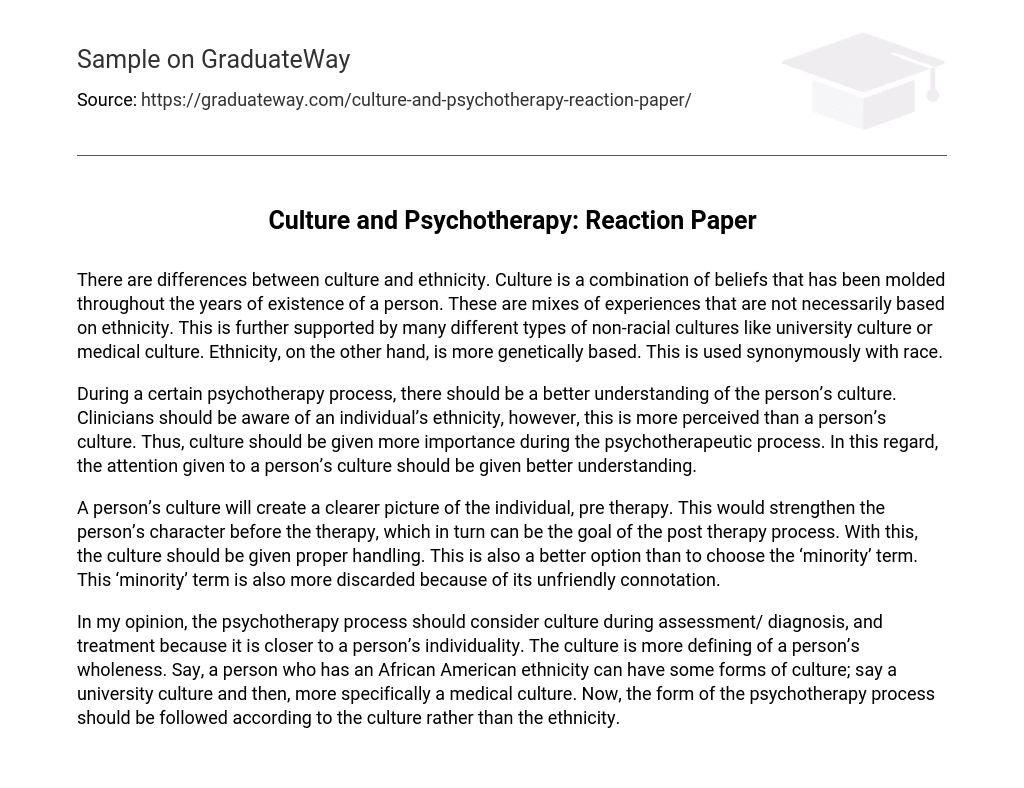 Culture and Psychotherapy: Reaction Paper