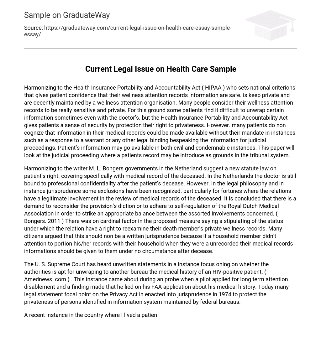 Current Legal Issue on Health Care Sample