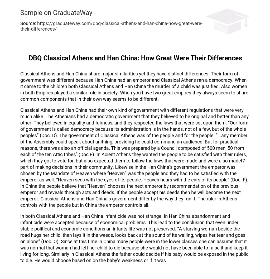 DBQ Classical Athens and Han China: How Great Were Their Differences Compare and Contrast
