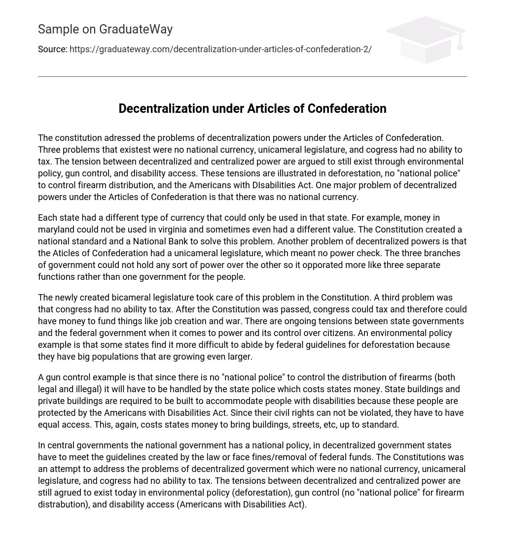 Decentralization under Articles of Confederation