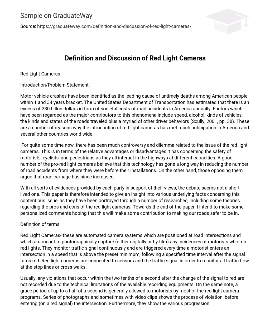 Definition and Discussion of Red Light Cameras