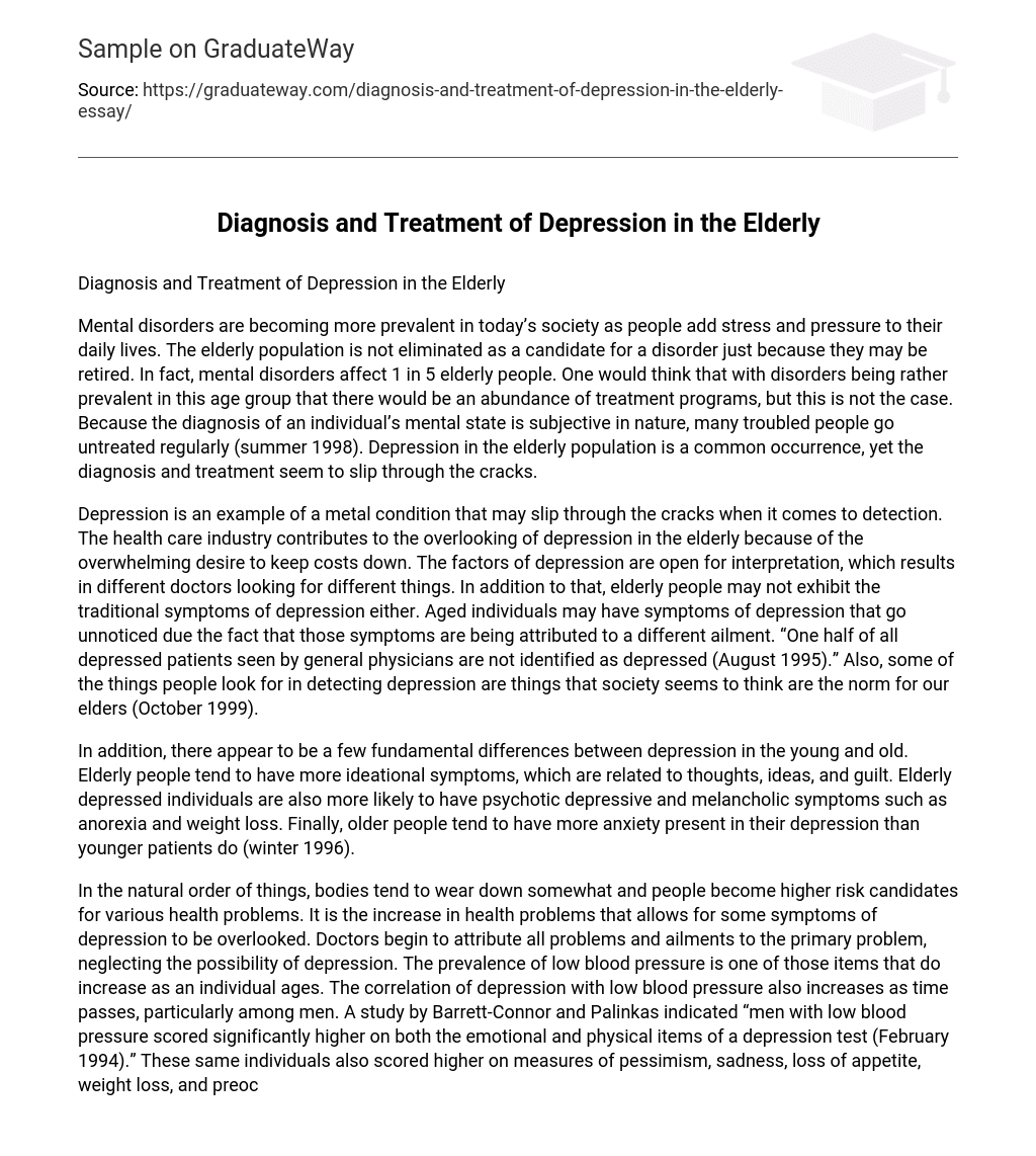 Diagnosis and Treatment of Depression in the Elderly