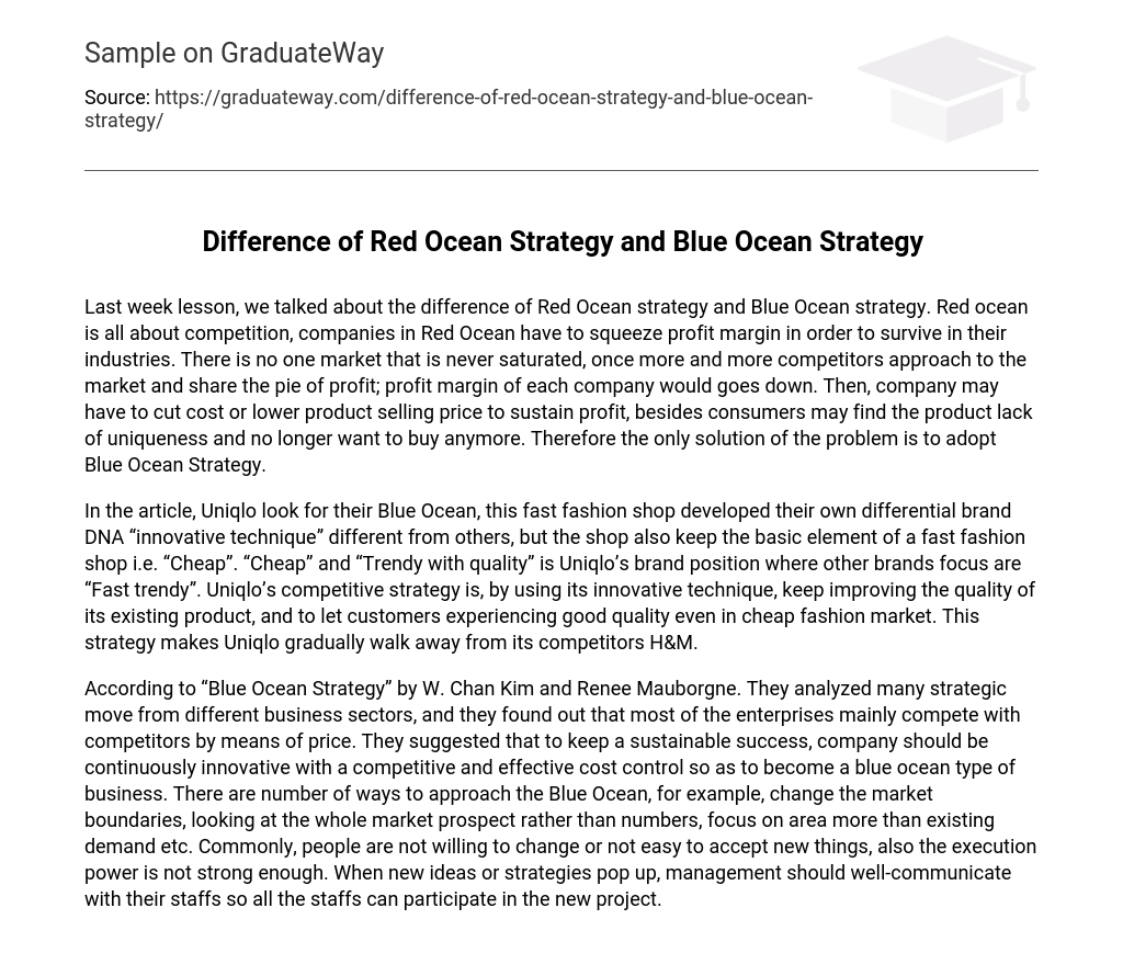 Difference of Red Ocean Strategy and Blue Ocean Strategy