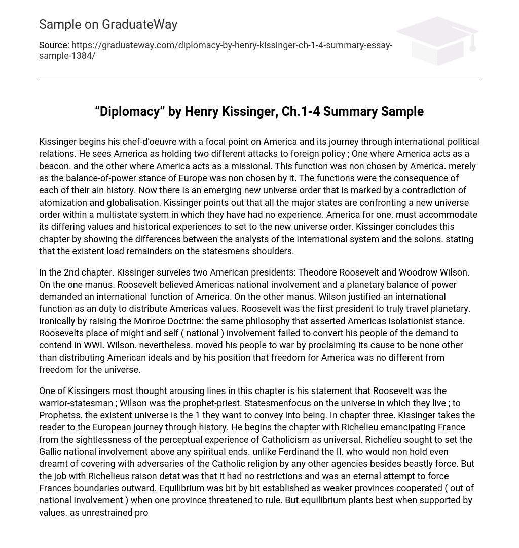 ”Diplomacy” by Henry Kissinger, Ch.1-4 Summary Sample