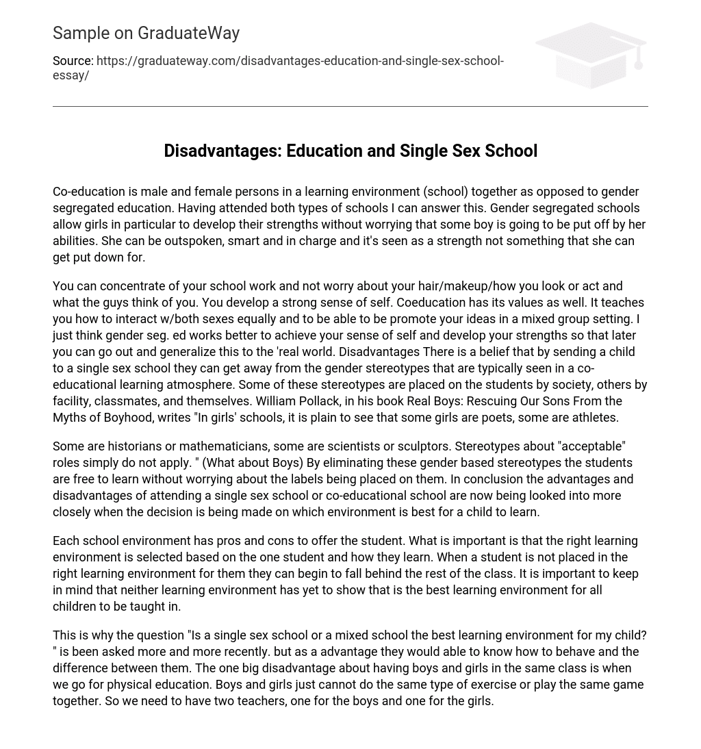 Disadvantages: Education and Single Sex School