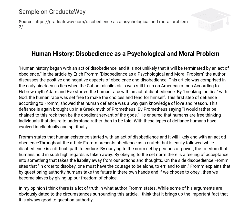 Human History: Disobedience as a Psychological and Moral Problem