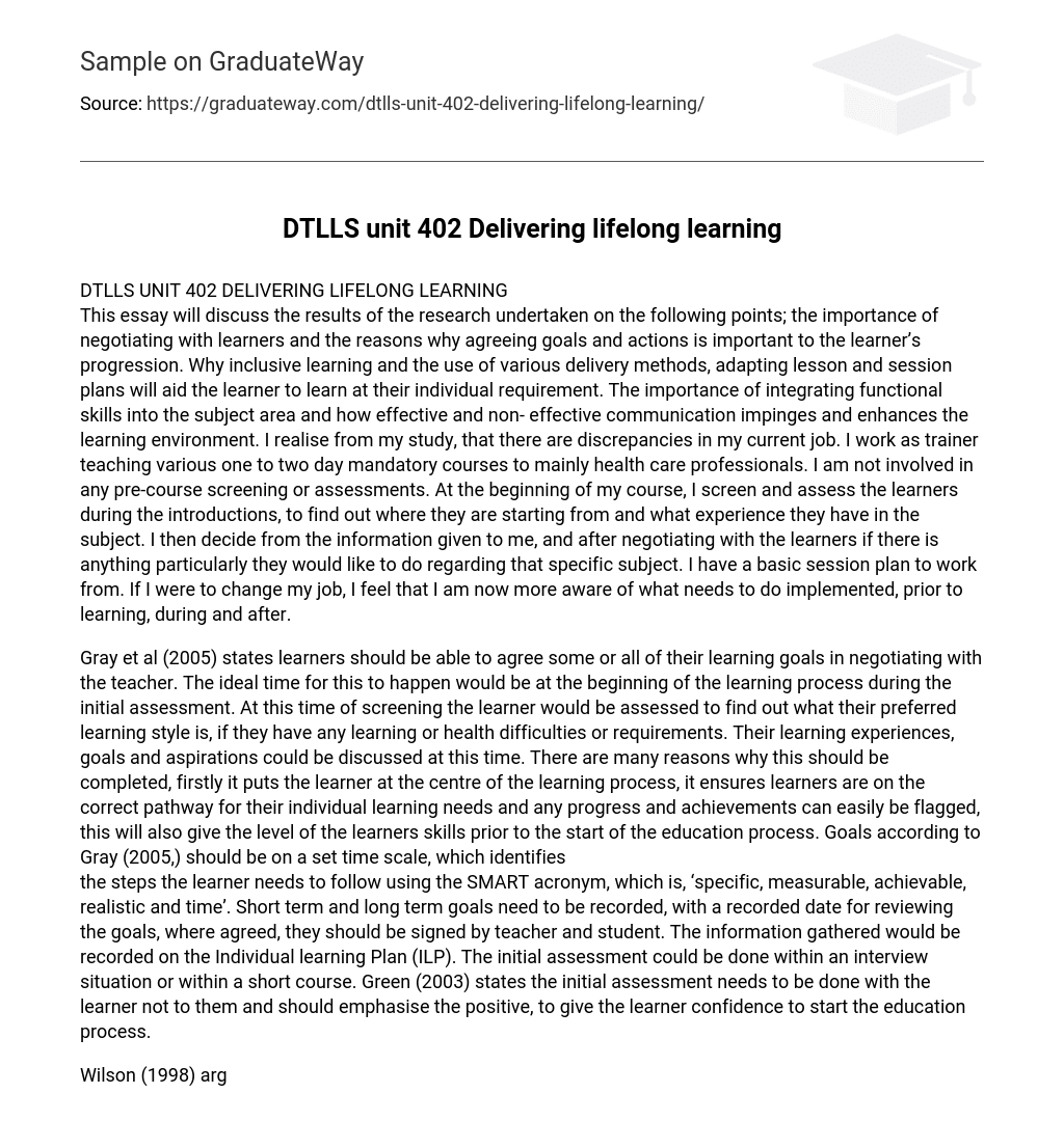DTLLS unit 402 Delivering lifelong learning