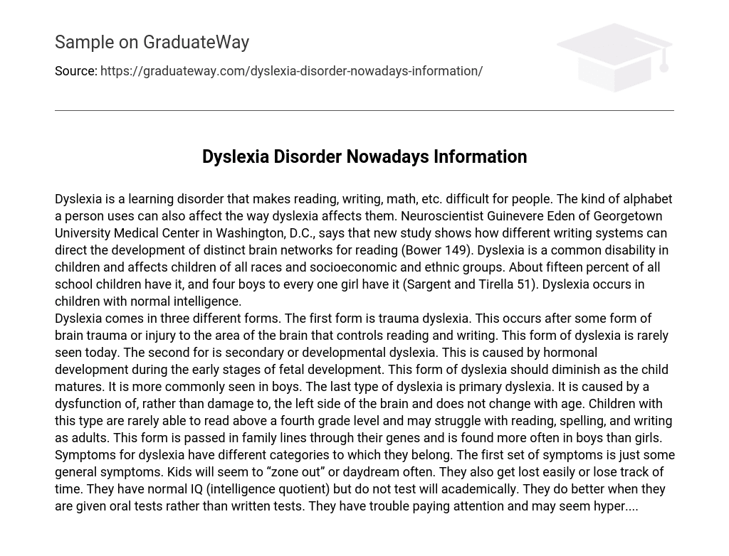 Dyslexia Disorder Nowadays Information