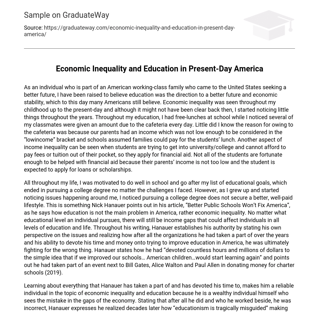 Economic Inequality and Education in Present-Day America