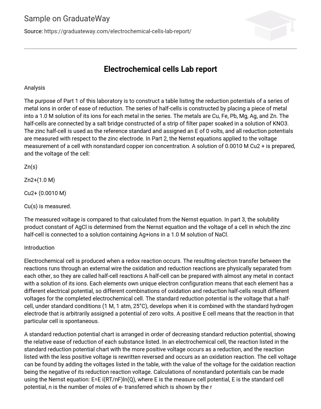 Electrochemical cells Lab report